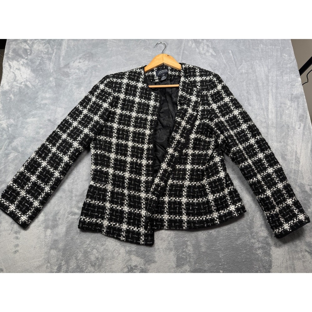 Jones New York Signature Tweed Blazer Jacket Womens 14 Black White Plaid Rayon